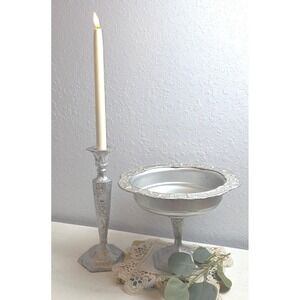 Vintage Embossed Dutch Silver Metal Windmill Compote Bowl & Single Candlestick